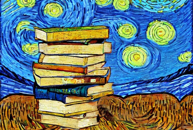 A stack of books behind Vincent Van Gogh's Starry Night background representing books we are reading at Mandy Projects