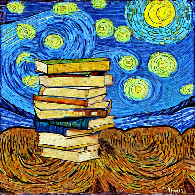 A stack of books behind Vincent Van Gogh's Starry Night background representing books we are reading at Mandy Projects